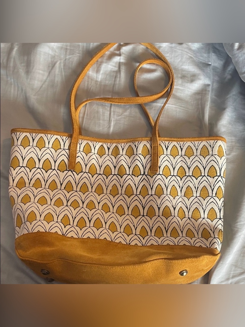 Mustard Patterned Canvas Tote Bag with Suede Trim